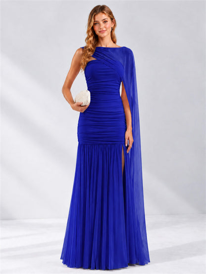Sheath Ruched Strapless Chiffon Sleeveless Side Slit Wedding Guest Dress with Cape