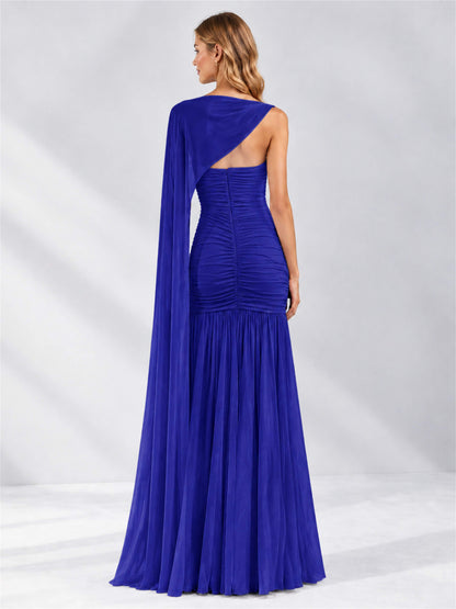 Sheath Ruched Strapless Chiffon Sleeveless Side Slit Wedding Guest Dress with Cape