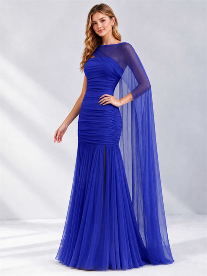Sheath Ruched Strapless Chiffon Sleeveless Side Slit Wedding Guest Dress with Cape