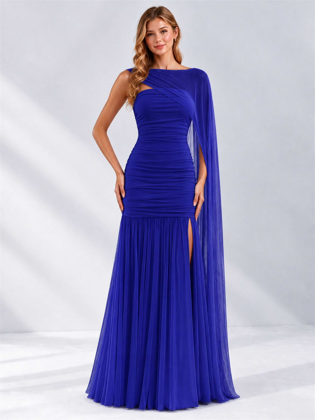 Sheath Ruched Strapless Chiffon Sleeveless Side Slit Wedding Guest Dress with Cape
