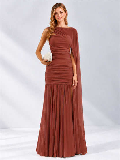 Sheath Ruched Strapless Chiffon Sleeveless Side Slit Wedding Guest Dress with Cape