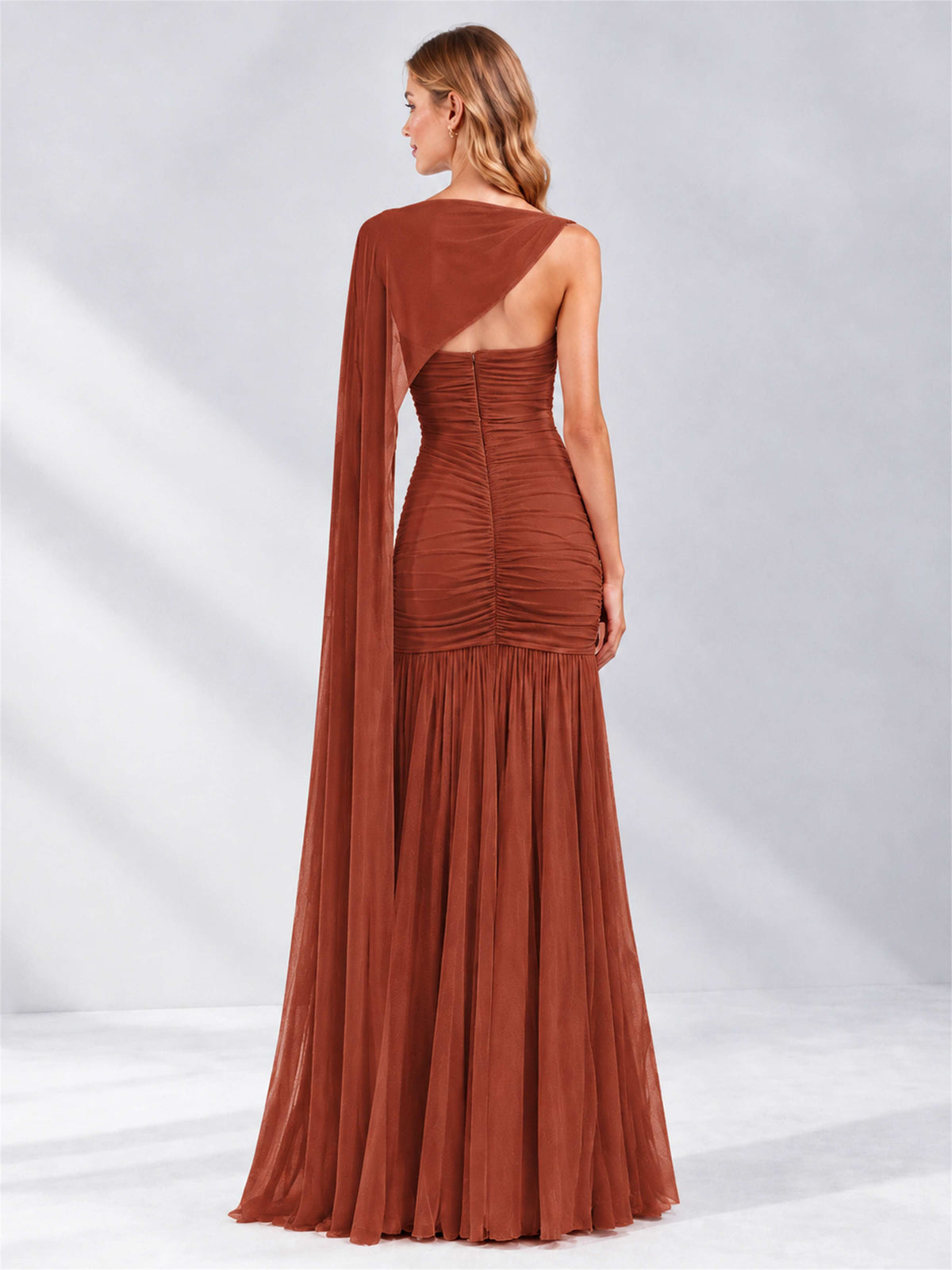 Sheath Ruched Strapless Chiffon Sleeveless Side Slit Wedding Guest Dress with Cape