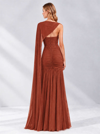 Sheath Ruched Strapless Chiffon Sleeveless Side Slit Wedding Guest Dress with Cape