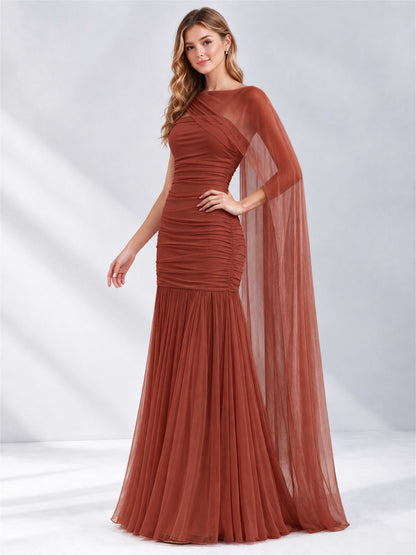 Sheath Ruched Strapless Chiffon Sleeveless Side Slit Wedding Guest Dress with Cape