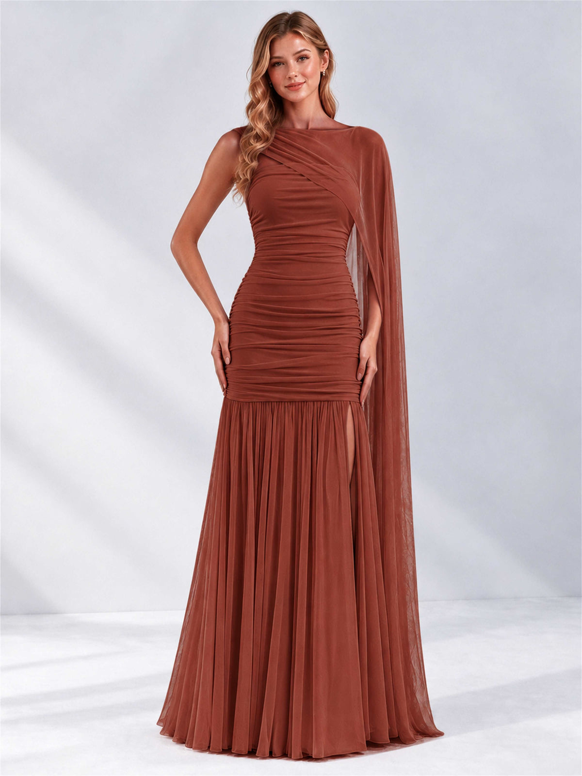 Sheath Ruched Strapless Chiffon Sleeveless Side Slit Wedding Guest Dress with Cape
