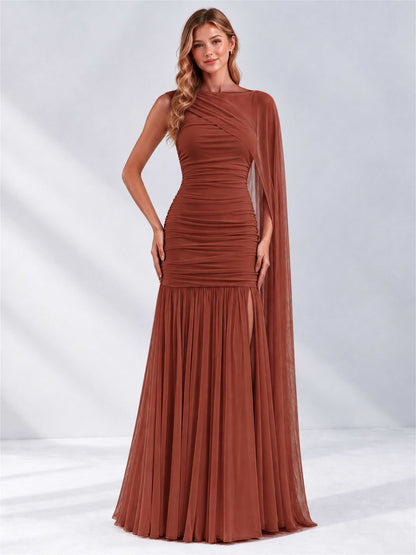 Sheath Ruched Strapless Chiffon Sleeveless Side Slit Wedding Guest Dress with Cape