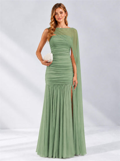 Sheath Ruched Strapless Chiffon Sleeveless Side Slit Wedding Guest Dress with Cape