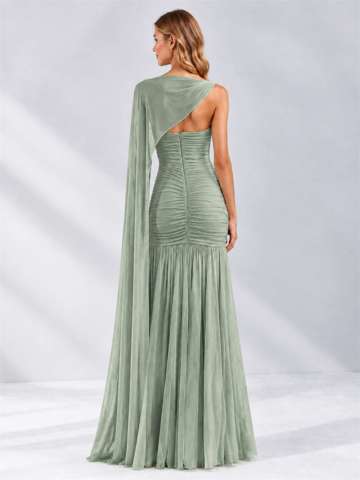 Sheath Ruched Strapless Chiffon Sleeveless Side Slit Wedding Guest Dress with Cape