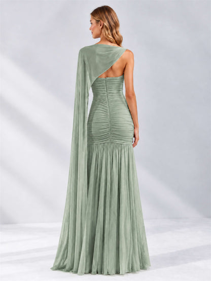 Sheath Ruched Strapless Chiffon Sleeveless Side Slit Wedding Guest Dress with Cape