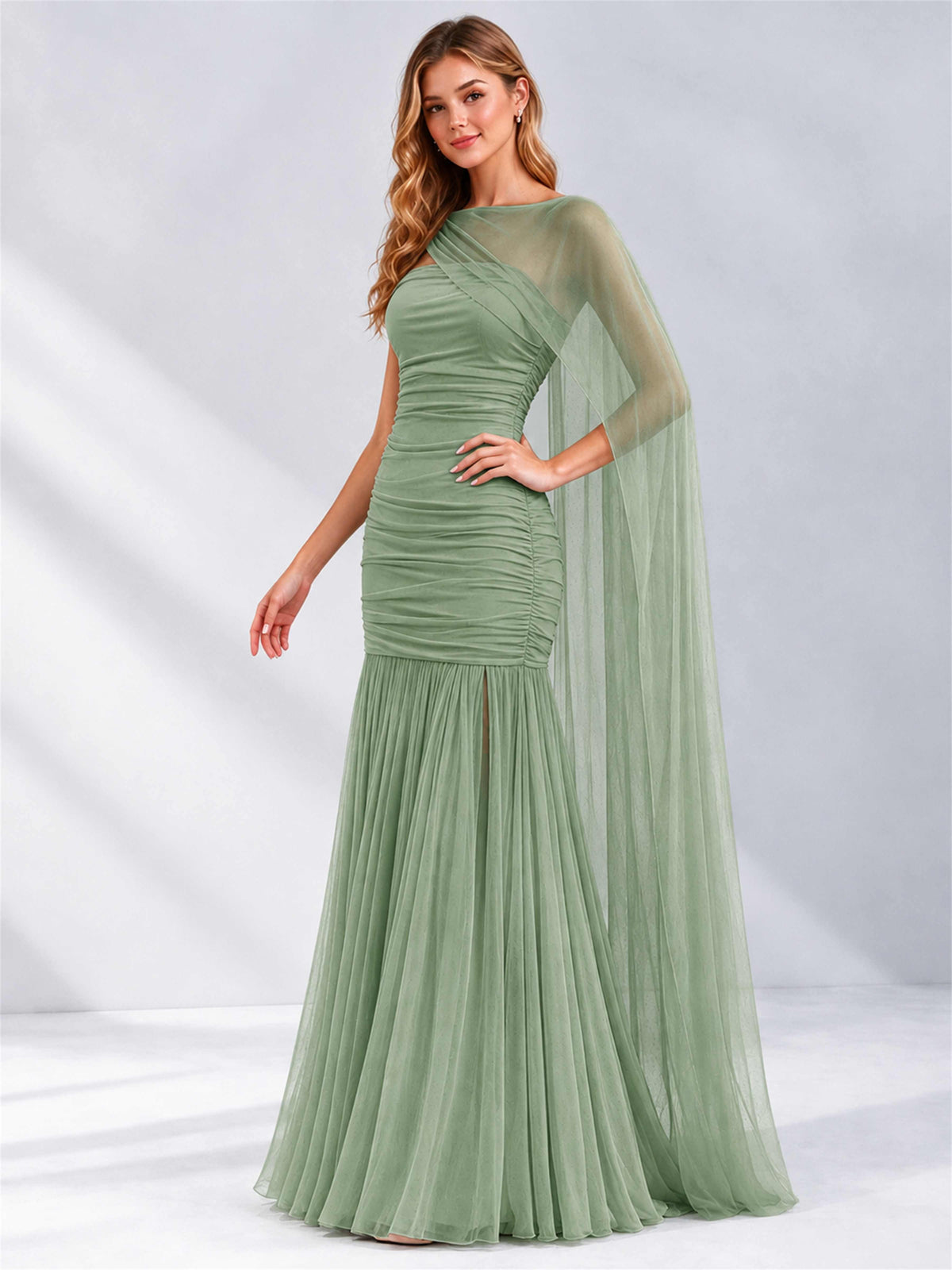 Sheath Ruched Strapless Chiffon Sleeveless Side Slit Wedding Guest Dress with Cape
