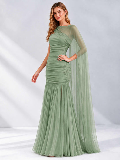 Sheath Ruched Strapless Chiffon Sleeveless Side Slit Wedding Guest Dress with Cape