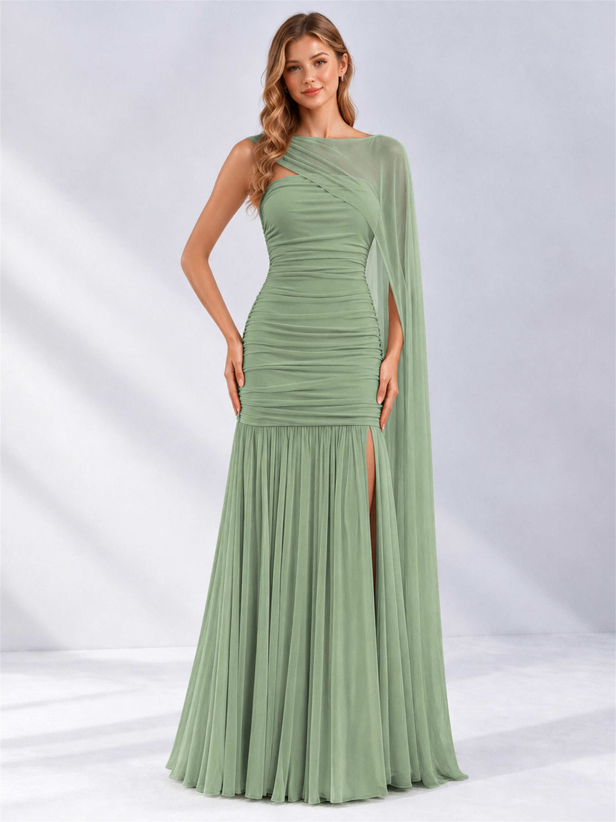 Sheath Ruched Strapless Chiffon Sleeveless Side Slit Wedding Guest Dress with Cape
