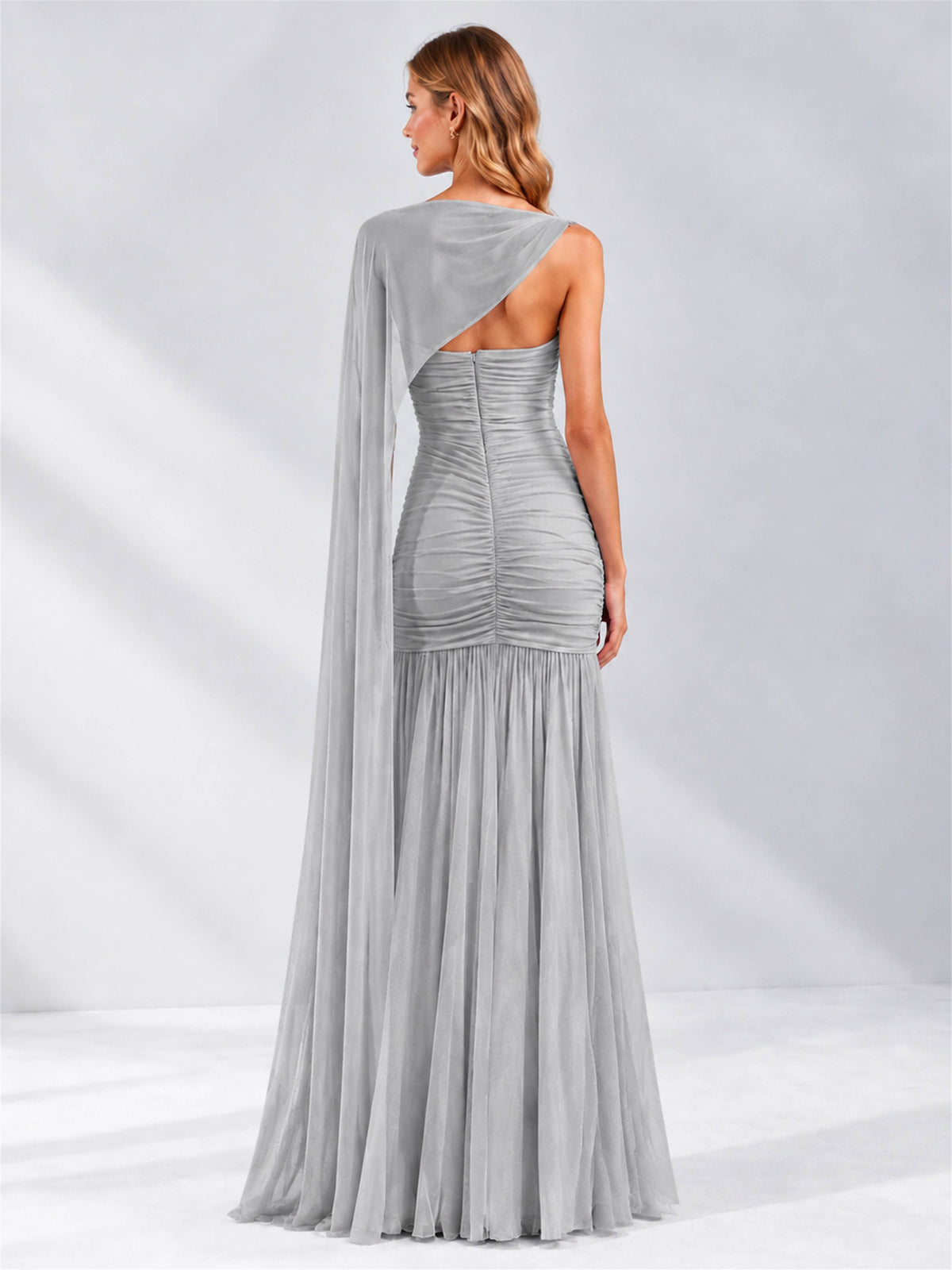 Sheath Ruched Strapless Chiffon Sleeveless Side Slit Wedding Guest Dress with Cape