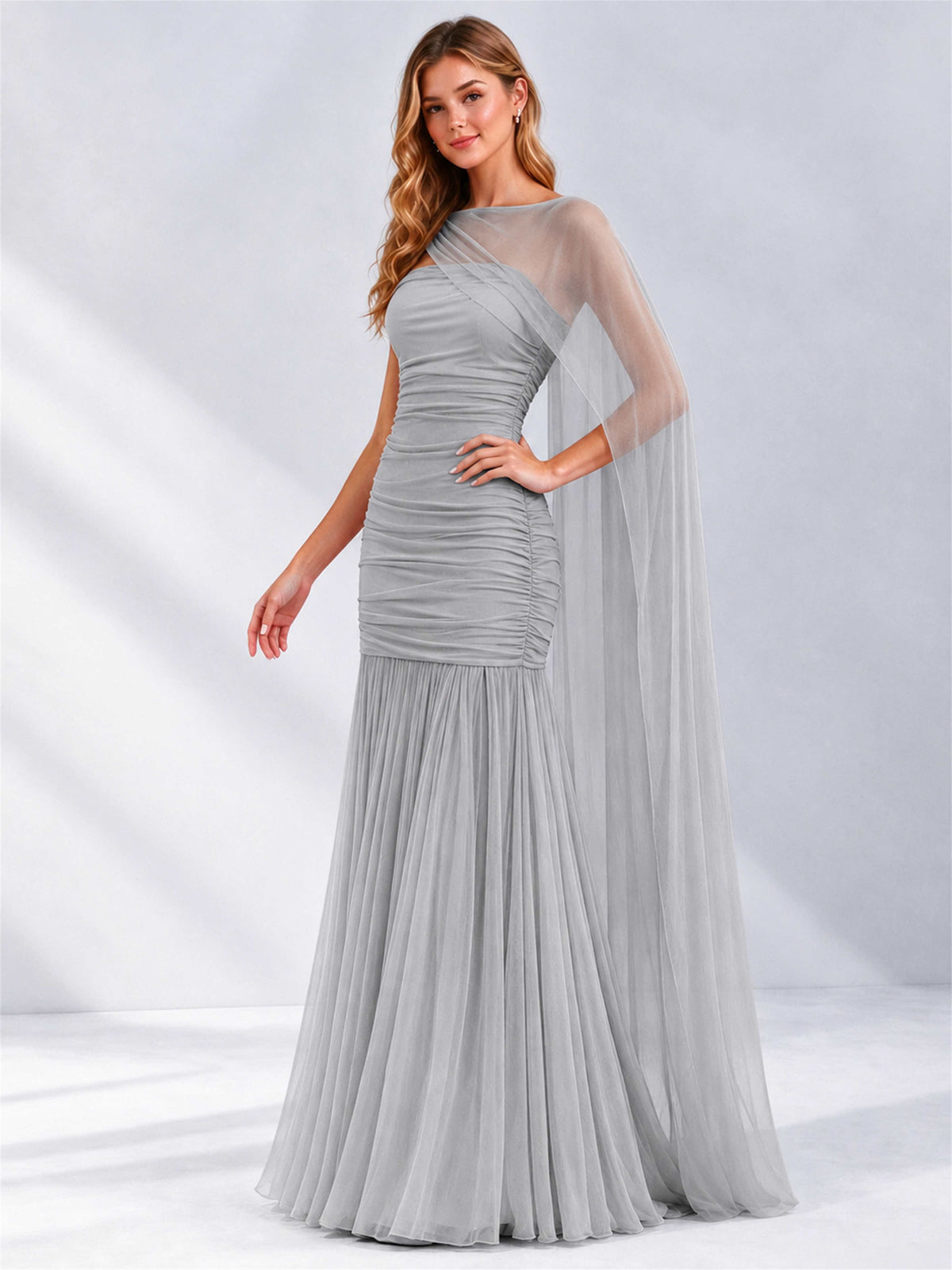 Sheath Ruched Strapless Chiffon Sleeveless Side Slit Wedding Guest Dress with Cape