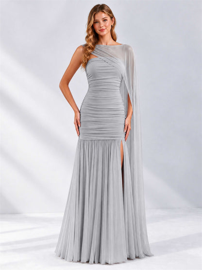 Sheath Ruched Strapless Chiffon Sleeveless Side Slit Wedding Guest Dress with Cape