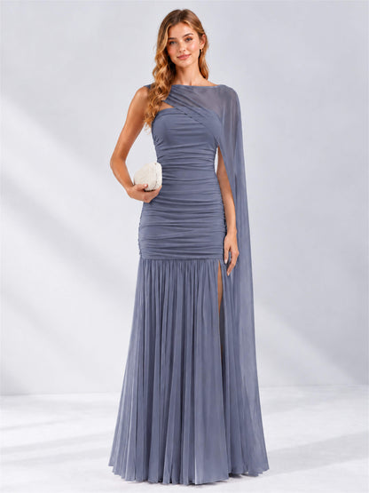 Sheath Ruched Strapless Chiffon Sleeveless Side Slit Wedding Guest Dress with Cape
