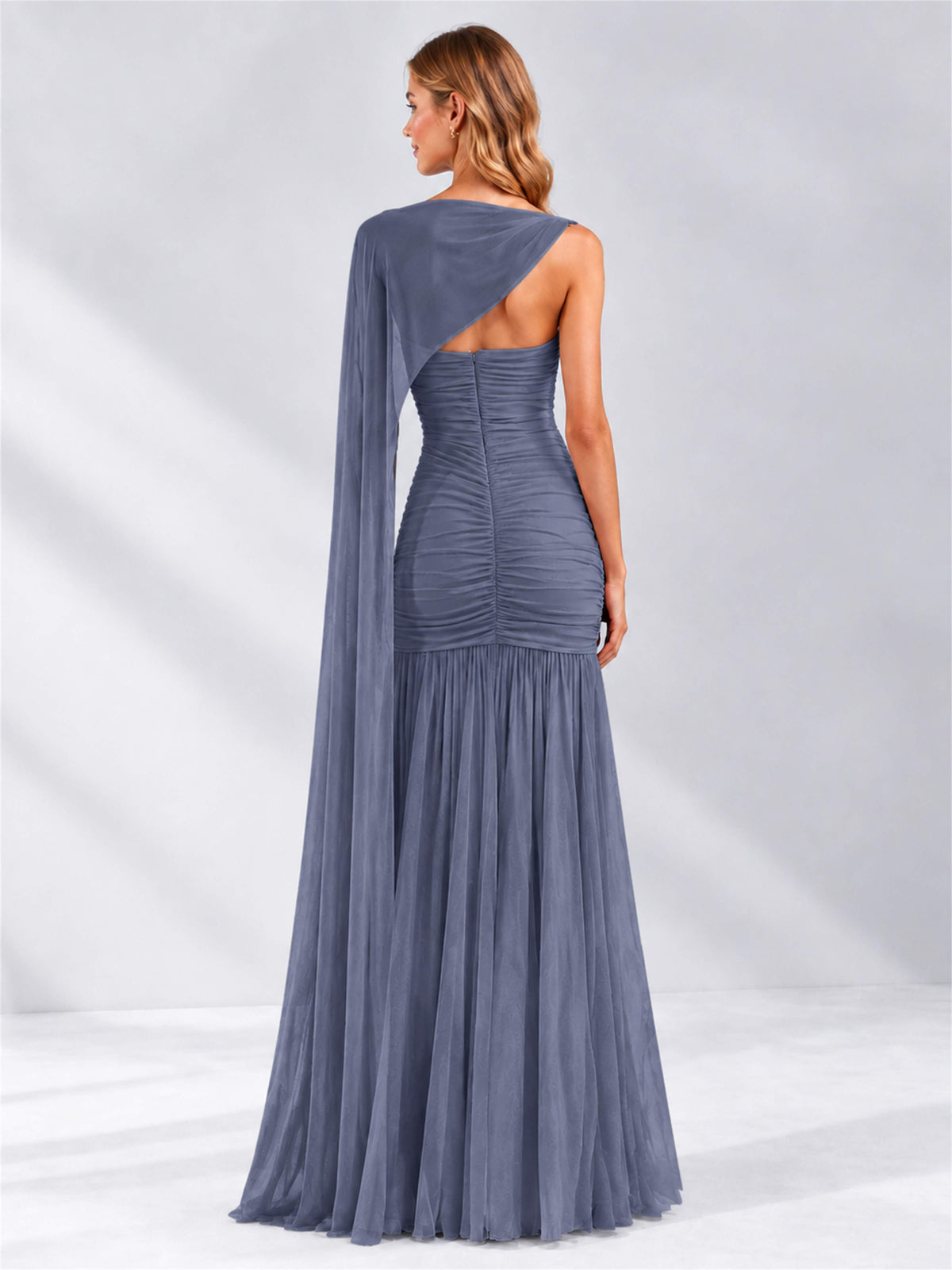 Sheath Ruched Strapless Chiffon Sleeveless Side Slit Wedding Guest Dress with Cape