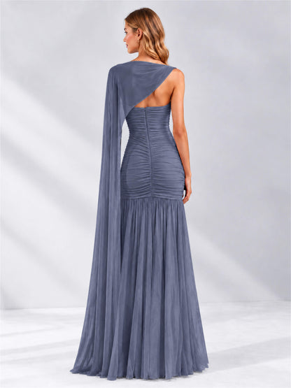 Sheath Ruched Strapless Chiffon Sleeveless Side Slit Wedding Guest Dress with Cape