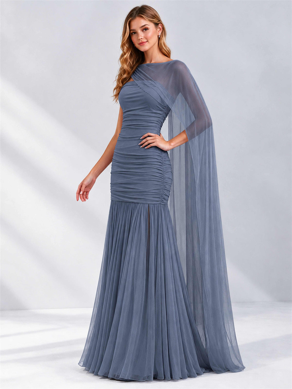 Sheath Ruched Strapless Chiffon Sleeveless Side Slit Wedding Guest Dress with Cape