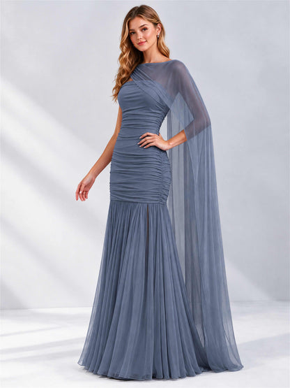 Sheath Ruched Strapless Chiffon Sleeveless Side Slit Wedding Guest Dress with Cape