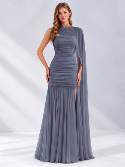 Sheath Ruched Strapless Chiffon Sleeveless Side Slit Wedding Guest Dress with Cape
