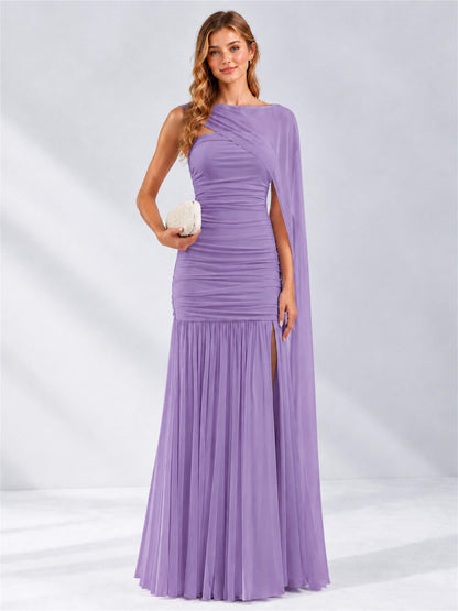 Sheath Ruched Strapless Chiffon Sleeveless Side Slit Wedding Guest Dress with Cape