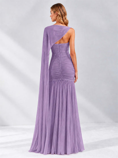 Sheath Ruched Strapless Chiffon Sleeveless Side Slit Wedding Guest Dress with Cape