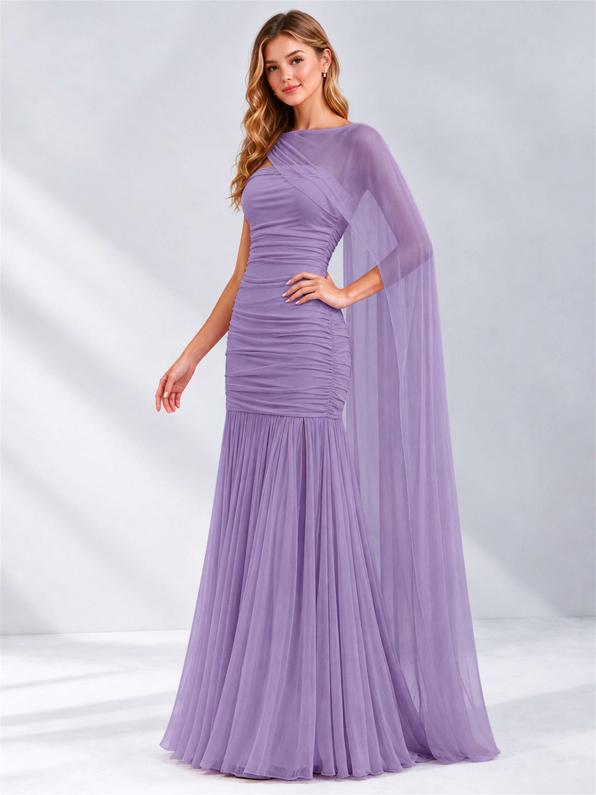 Sheath Ruched Strapless Chiffon Sleeveless Side Slit Wedding Guest Dress with Cape