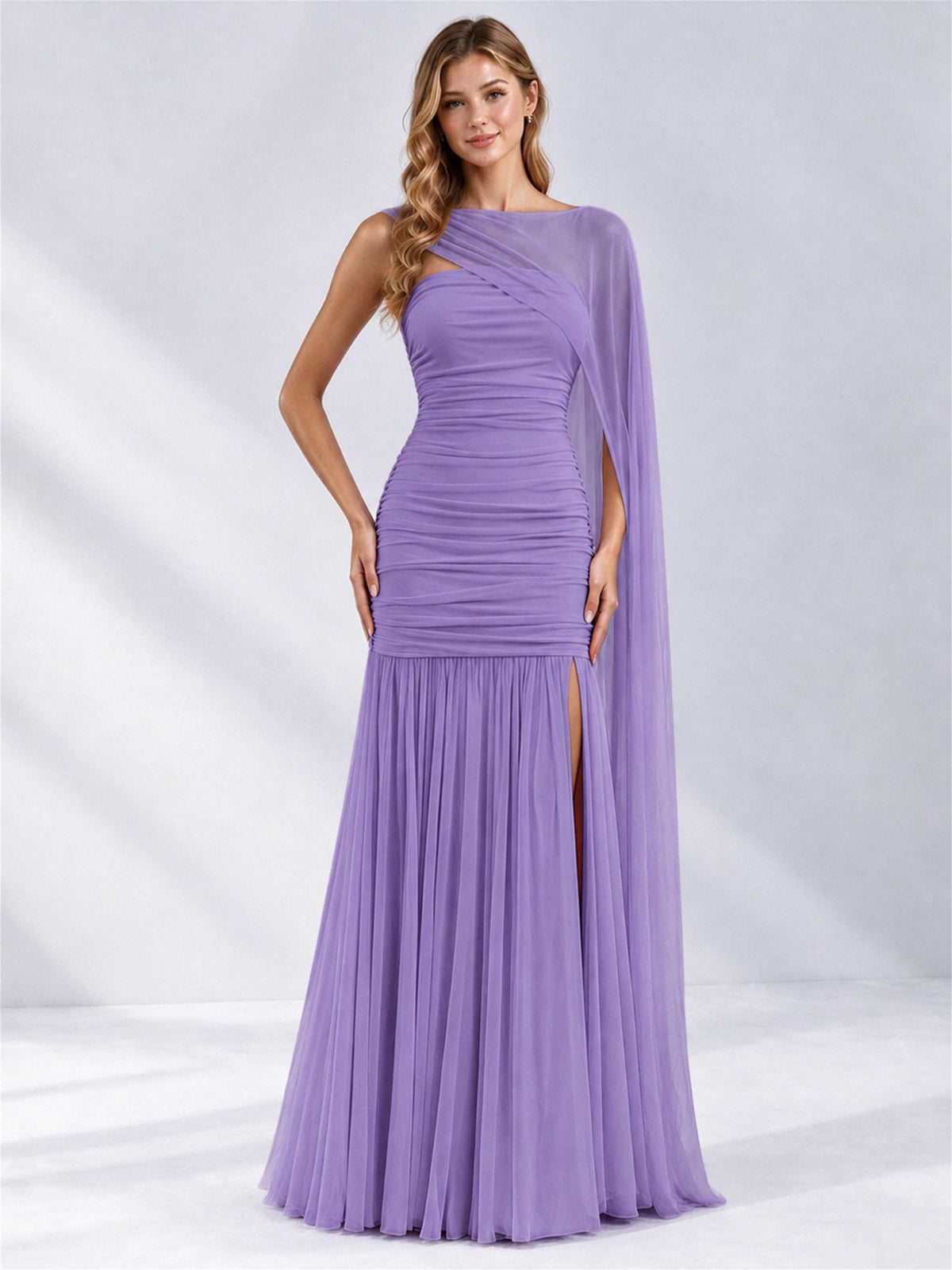 Sheath Ruched Strapless Chiffon Sleeveless Side Slit Wedding Guest Dress with Cape