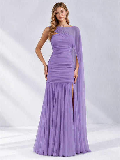 Sheath Ruched Strapless Chiffon Sleeveless Side Slit Wedding Guest Dress with Cape