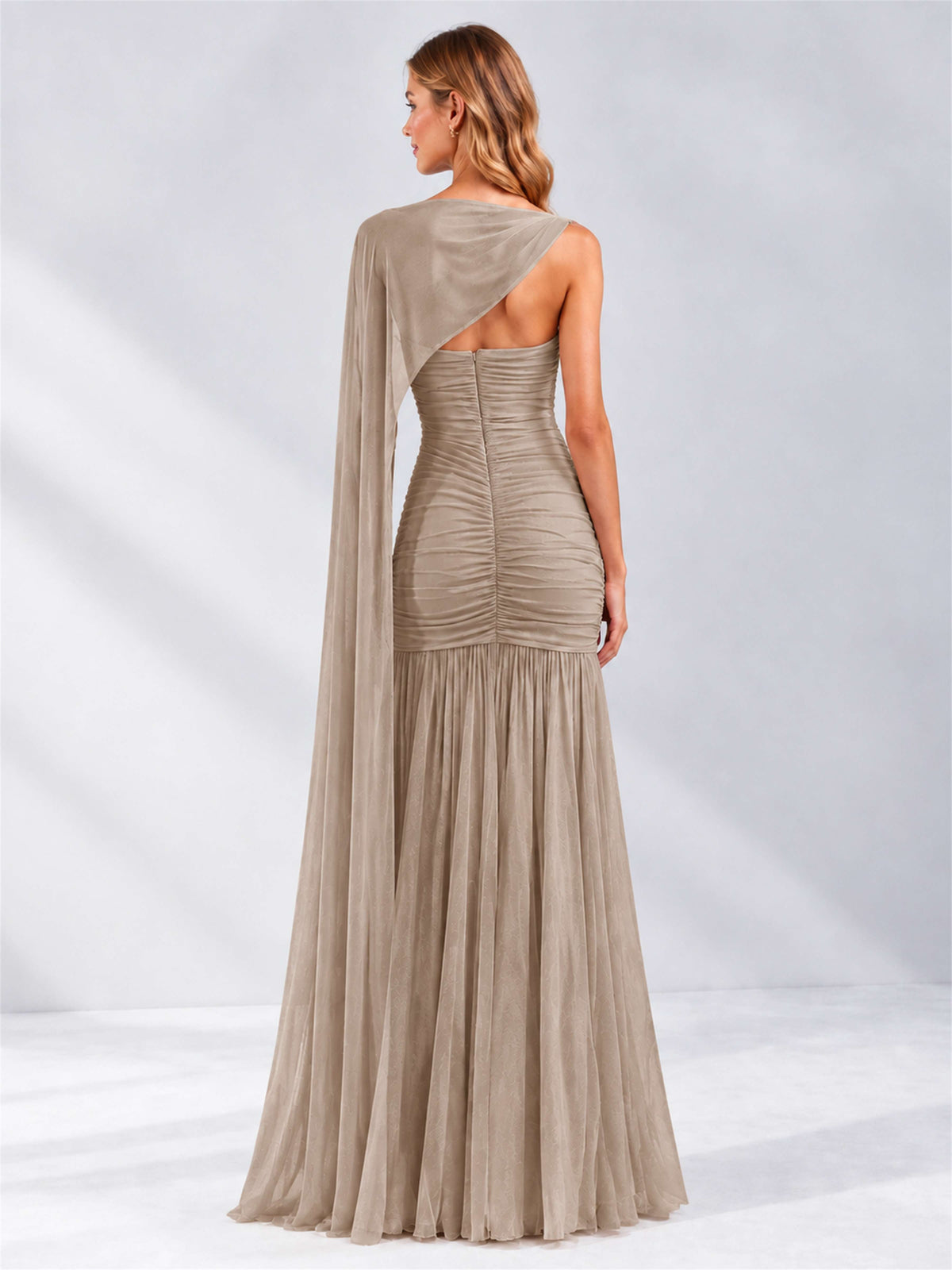 Sheath Ruched Strapless Chiffon Sleeveless Side Slit Wedding Guest Dress with Cape