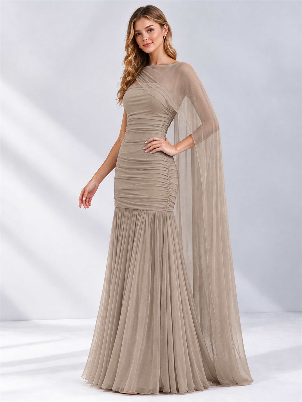 Sheath Ruched Strapless Chiffon Sleeveless Side Slit Wedding Guest Dress with Cape