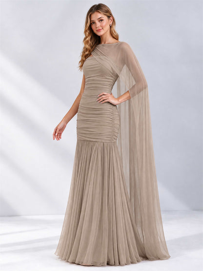 Sheath Ruched Strapless Chiffon Sleeveless Side Slit Wedding Guest Dress with Cape
