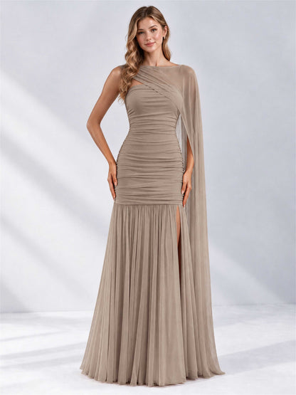 Sheath Ruched Strapless Chiffon Sleeveless Side Slit Wedding Guest Dress with Cape