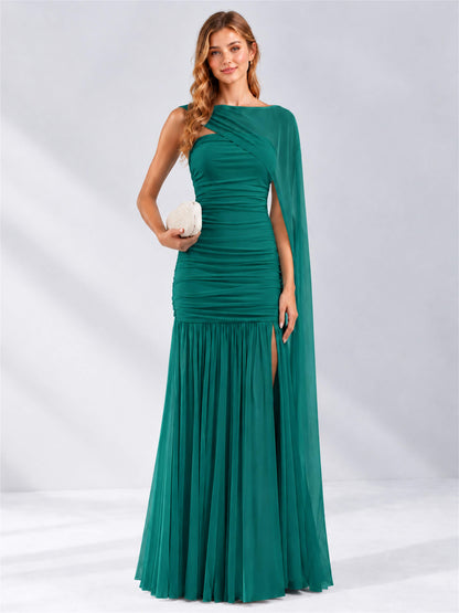 Sheath Ruched Strapless Chiffon Sleeveless Side Slit Wedding Guest Dress with Cape