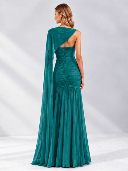 Sheath Ruched Strapless Chiffon Sleeveless Side Slit Wedding Guest Dress with Cape