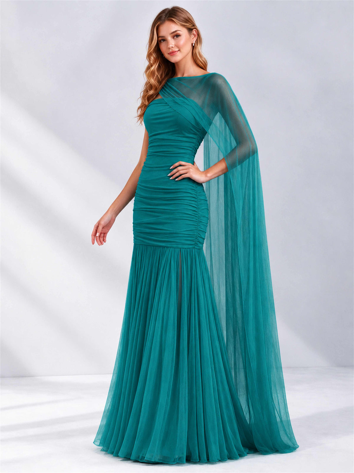 Sheath Ruched Strapless Chiffon Sleeveless Side Slit Wedding Guest Dress with Cape