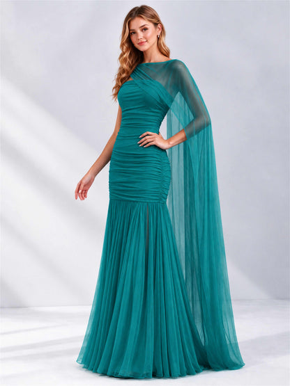 Sheath Ruched Strapless Chiffon Sleeveless Side Slit Wedding Guest Dress with Cape