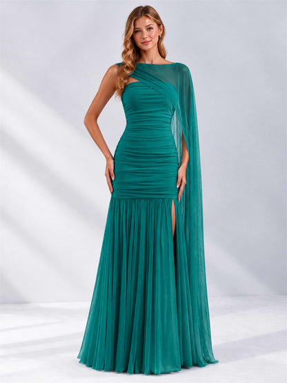 Sheath Ruched Strapless Chiffon Sleeveless Side Slit Wedding Guest Dress with Cape