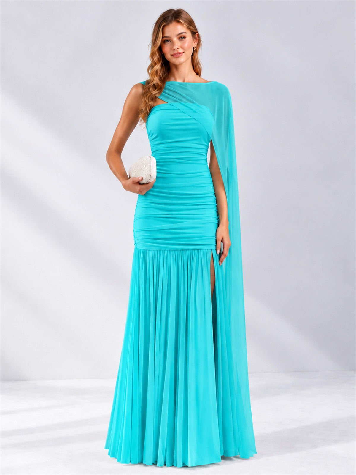 Sheath Ruched Strapless Chiffon Sleeveless Side Slit Wedding Guest Dress with Cape