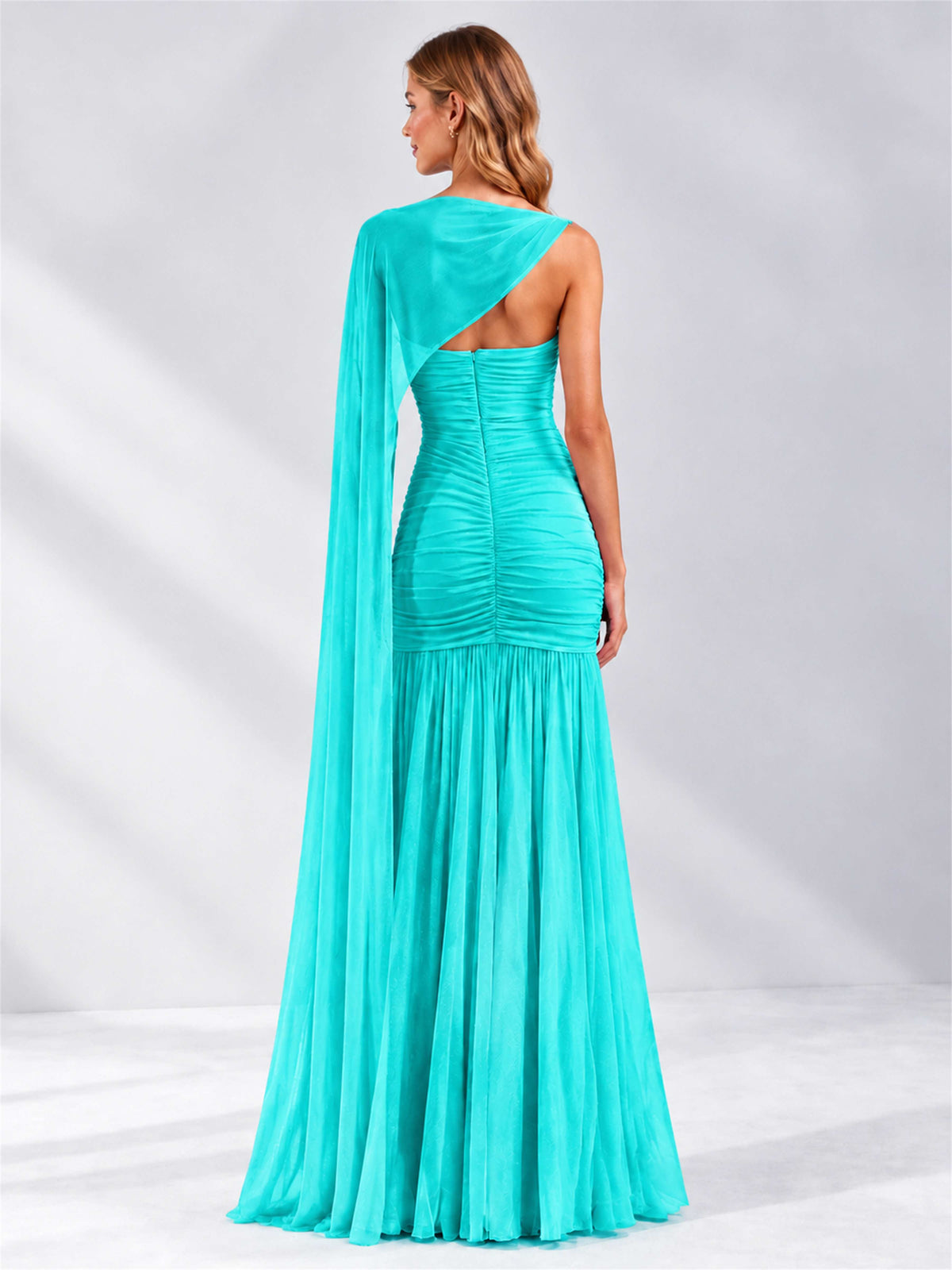 Sheath Ruched Strapless Chiffon Sleeveless Side Slit Wedding Guest Dress with Cape