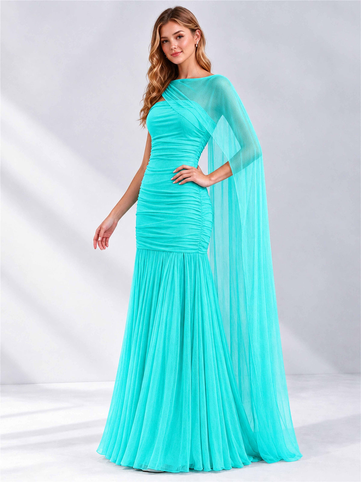Sheath Ruched Strapless Chiffon Sleeveless Side Slit Wedding Guest Dress with Cape