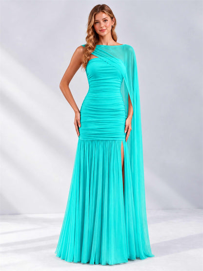 Sheath Ruched Strapless Chiffon Sleeveless Side Slit Wedding Guest Dress with Cape