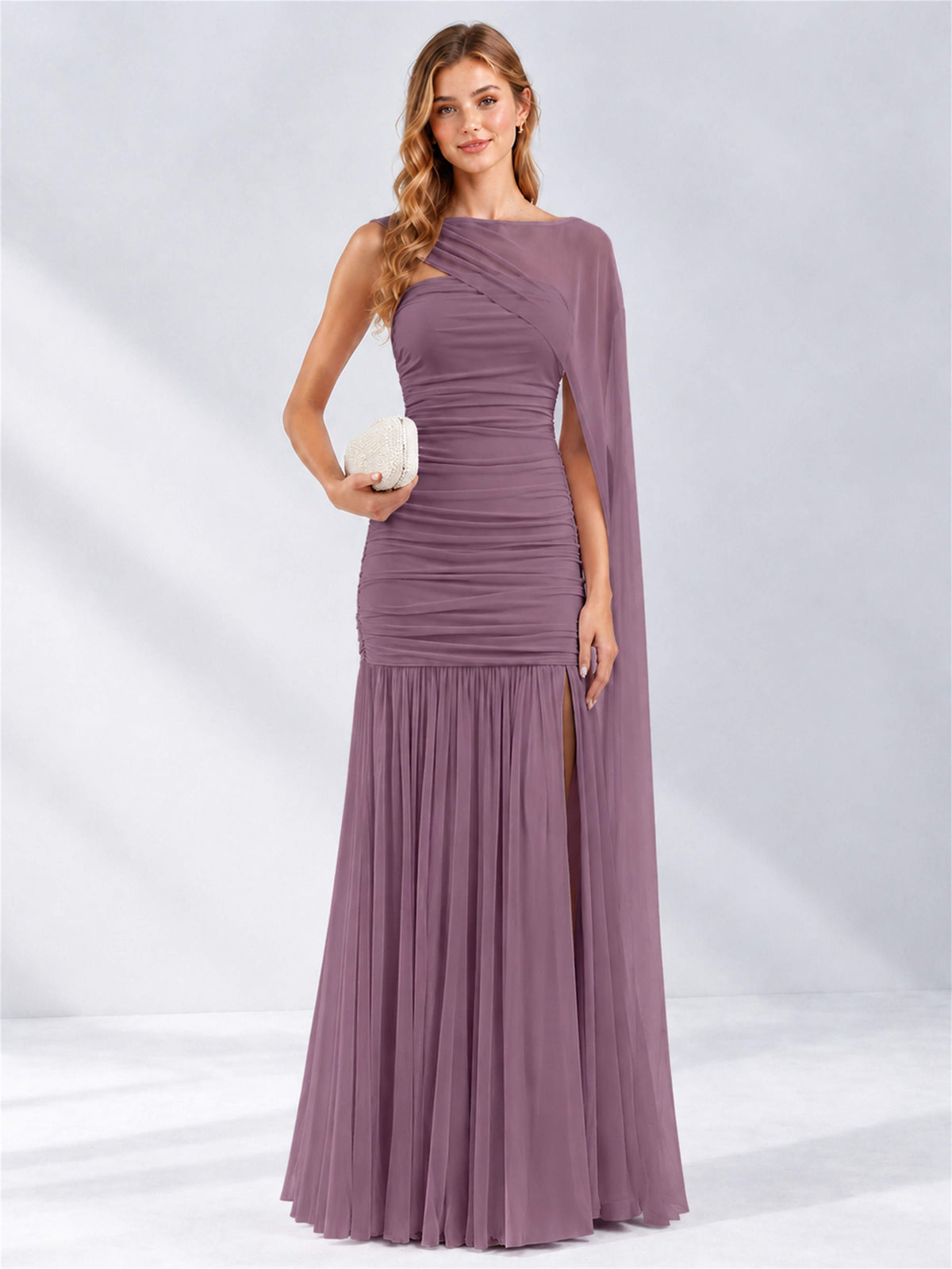 Sheath Ruched Strapless Chiffon Sleeveless Side Slit Wedding Guest Dress with Cape