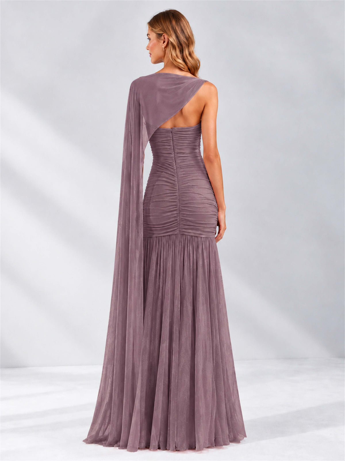 Sheath Ruched Strapless Chiffon Sleeveless Side Slit Wedding Guest Dress with Cape