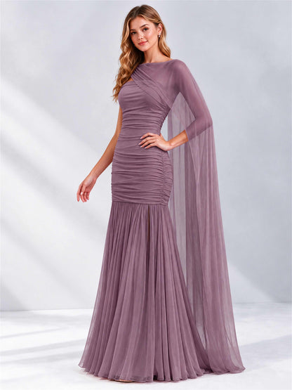 Sheath Ruched Strapless Chiffon Sleeveless Side Slit Wedding Guest Dress with Cape