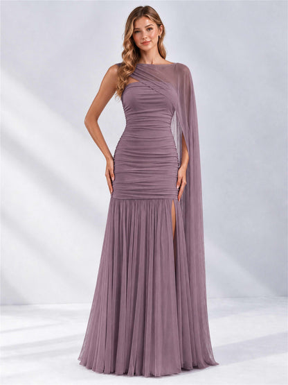 Sheath Ruched Strapless Chiffon Sleeveless Side Slit Wedding Guest Dress with Cape