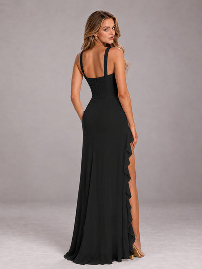 Black Sheath Sleeveless Chiffon Long Bridesmaid Dress With Ruffles And Side Slit