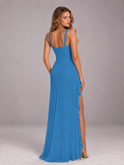 Blue Sheath Sleeveless Chiffon Long Bridesmaid Dress With Ruffles And Side Slit