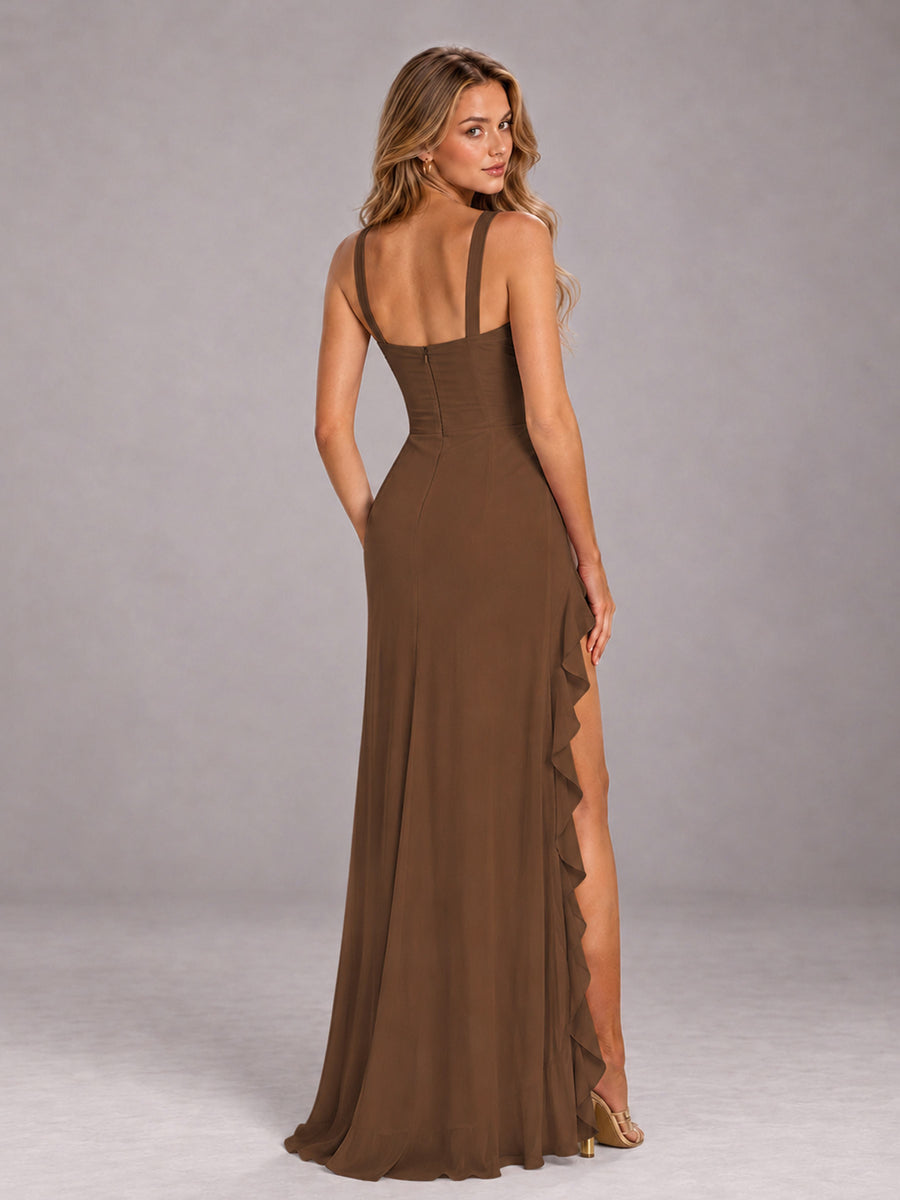 Brown Sheath Sleeveless Chiffon Long Bridesmaid Dress With Ruffles And Side Slit